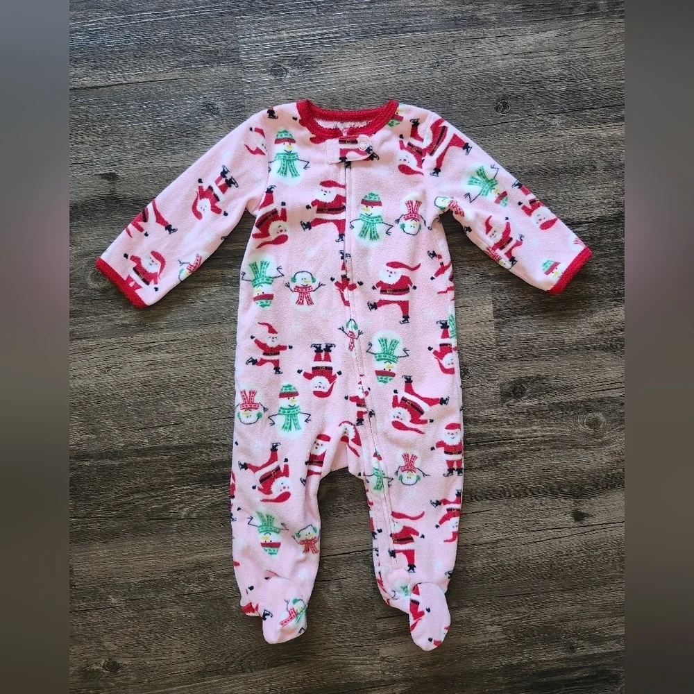 Carter's 6 Month Fleece Pink Holiday Santa Snowman Pajama Bodysuit